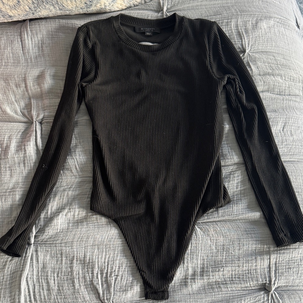 All Saints Black Ribbed Long Sleeve Bodysuit with Open Back